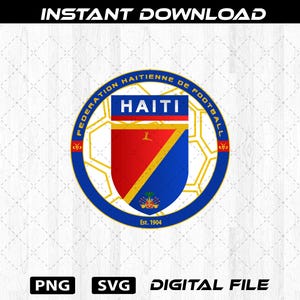 Puede incluir: Un archivo digital con el logotipo de la Federación Haitiana de Fútbol. El diseño incluye un escudo con secciones rojas, azules y amarillas, rodeado por un anillo azul con texto. También están presentes las palabras "HAITI" y "Est. 1904". Los formatos de archivo son PNG y SVG.