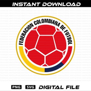 Op de afbeelding: Een digitaal bestand met het logo van de Colombiaanse voetbalbond. Het ontwerp bevat een rode voetbal met witte vijfhoeken, omringd door een gele en blauwe ring. De tekst luidt "FEDERACION COLOMBIANA DE FUTBOL".