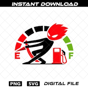 Op de afbeelding: Een digitale afbeelding met een stokfiguur die een brandstofmeter naar vol duwt. De meter is rood en zwart, met een rode benzinepomp. Bovenin staat de tekst "INSTANT DOWNLOAD".