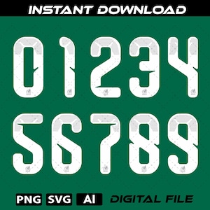 May include: A digital graphic set featuring the numbers zero through nine in a white, stylized, blocky font with a subtle horizontal line texture. The numbers are arranged in two rows against a solid dark green background with text reading INSTANT DOWNLOAD, PNG, SVG, AI, and DIGITAL FILE.