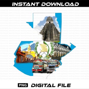 May include: Digital file featuring a map of Guatemala with illustrations of landmarks and buses. The map is outlined in blue and contains images of a pyramid, buildings, and a coat of arms. The text "INSTANT DOWNLOAD" and "DIGITAL FILE" are displayed.