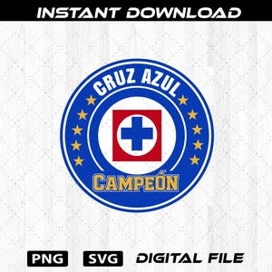 May include: A circular graphic design featuring the Cruz Azul logo with a blue cross on a red square background. The text CRUZ AZUL appears at the top and CAMPEÓN at the bottom, surrounded by yellow stars on a blue border with white outlines.