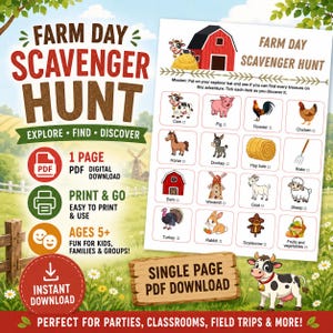 Può includere: Un foglio di attività stampabile Caccia al tesoro in fattoria con un'illustrazione di un fienile rosso e una griglia di icone a tema agricolo tra cui mucca, maiale, gallo, pollo, cavallo, asino, balla di fieno, rastrello, mulino e pecora.