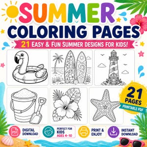 Puede incluir: Una colección digital de 21 páginas para colorear de verano con dibujos de líneas en blanco y negro de un flotador de flamenco, tablas de surf, un faro, un cubo de arena con pala, una flor de hibisco y una estrella de mar con el texto Summer Coloring Pages.