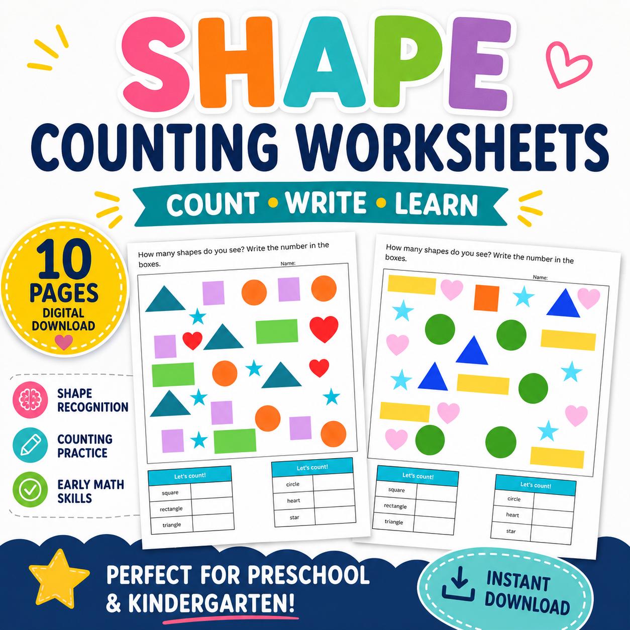 Shape Counting Worksheets for Preschool & Kindergarten, Printable Math ...
