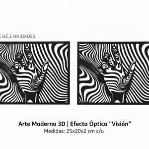 May include: Two black and white wall art pieces with an optical illusion design. Each piece features a hand making the peace sign against a striped background. The text reads "Arte Moderno 3D | Efecto Óptico "Visión"" and the dimensions are 9.8x7.9x0.8 inches.