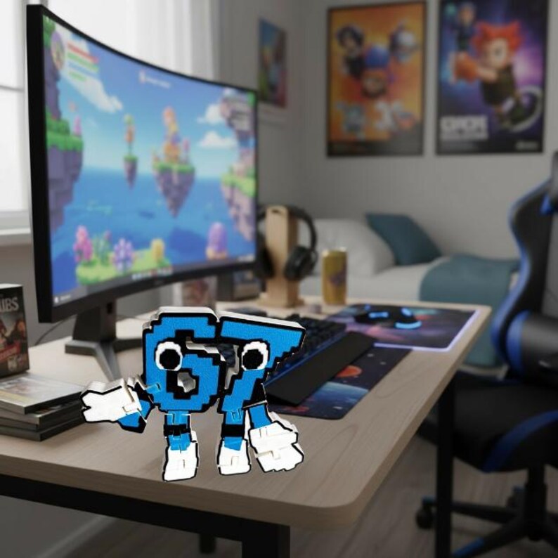 May include: A blue and white pixelated figure of the numbers "67" with arms and legs, standing on a wooden desk. The figure is in front of a computer monitor displaying a video game scene. A keyboard, mouse, and gaming mousepad are also on the desk.