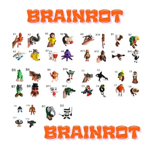 Puede incluir: Una colección de figuras coloridas y hechas a mano, cada una con diseños y características únicas. La imagen incluye una variedad de personajes, como animales, alimentos y formas abstractas. La palabra "BRAINROT" se muestra en naranja, con letras de estilo caricatura.