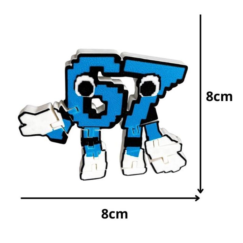 May include: A blue and white pixelated figure of the numbers 67, with black eyes and white hands and feet. The figure is 8cm tall and 8cm wide.