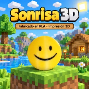Könnte beinhalten: Eine gelbe, 3D-gedruckte Smiley-Kugel mit schwarzen Augen und einem schwarzen Mund, platziert auf einer blockartigen grünen und braunen Oberfläche. Der Text Sonrisa3D und Fabricado en PLA • Impresión 3D steht darüber vor einer Pixel-Landschaft.
