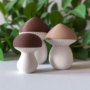 May include: Three decorative mushroom figurines with white stems and textured caps in shades of brown and beige. The mushroom caps have a smooth, rounded shape. The background features green foliage.