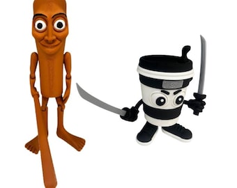 May include: Two whimsical figurines: a tall, orange, wooden-like figure with a smiling face and a coffee cup character in black and white stripes, wielding two gray swords. The coffee cup has the letters "GT" on its headband.