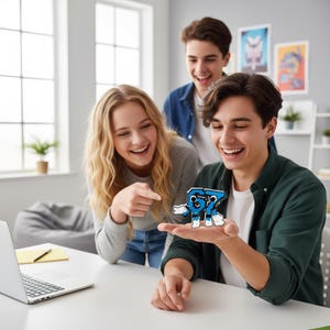 May include: Three young people are smiling and looking at a blue and white figure of the number 57. The figure is held in the palm of a person's hand. A laptop is on the table in front of them.