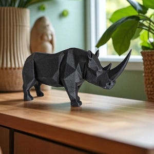 Può includere: Una scultura di rinoceronte geometrico nero con un lungo corno è appoggiata su una superficie di legno. Il rinoceronte è fatto di molte superfici piatte e angolate, che gli conferiscono un aspetto moderno e angolare. Lo sfondo comprende piante e una finestra.