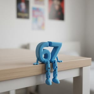 May include: A light blue, 3D-printed number 67 figure with articulated legs, sitting on the edge of a light wood table. The figure has a whimsical design, with the numbers connected at the top. The background includes framed posters.