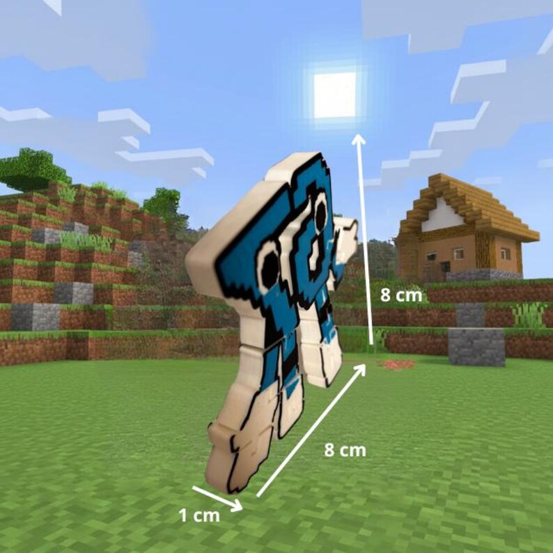 May include: A wooden, pixelated figure, 8 cm tall and 8 cm wide, with blue and white accents. The figure is 1 cm thick. The background features a Minecraft-style landscape with a house and a bright sun.