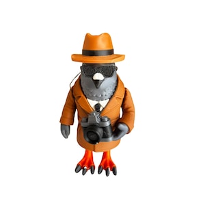 Può includere: Una statuetta di un piccione vestito da detective, con un fedora marrone, occhiali da sole e un trench beige. Il piccione tiene in mano una macchina fotografica nera e ha i piedi arancioni.