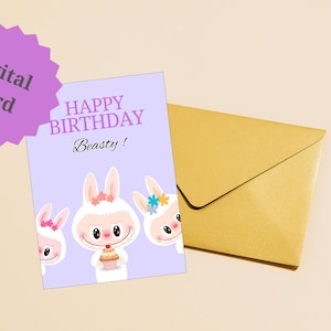 Buon compleanno Beasty / Biglietto di auguri di compleanno del mostro Labubu / Biglietto di auguri di compleanno carino e kawaii / Biglietto di auguri di compleanno divertente di Labubu stampabile /