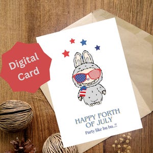 Tarjeta de fiesta del 4 de julio de LuBuBu / Celebración patriótica kawaii imprimible / Rojo y blanco / Tarjeta digital del 4 de julio / Oso lindo del Día de la Independencia