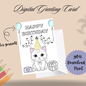 Carte de coloriage chat joyeux anniversaire | Carte imprimable chat amusant pour enfants | Téléchargement numérique | Colorez votre carte de voeux d'anniversaire | Carte chat mignon