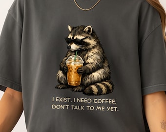 Raccoon Drinking Iced Coffee Shirt, Coffee Lover Raccoon Shirt, Funny Animal Meme Tee