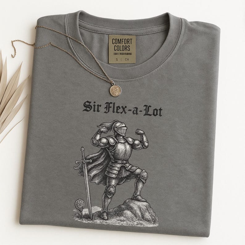 Pu&ograve; includere: Una maglietta grigia con la scritta "Sir Flex-a-Lot" e l'illustrazione di un cavaliere muscoloso. La maglietta ha un girocollo e maniche corte. Una collana color oro con un ciondolo &egrave; sopra la maglietta.