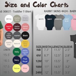 May include: Size and color charts for toddler t-shirts and baby onesies. The image shows color swatches and size charts for various apparel options. Includes measurements in inches for width, length, and sleeve.
