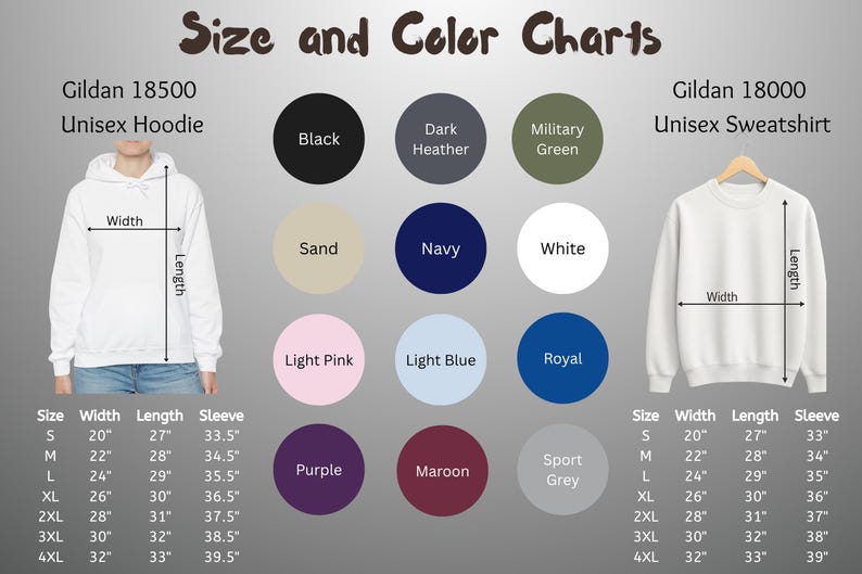May include: Size and color chart for Gildan unisex hoodies and sweatshirts. The chart displays color options like black, navy, and light pink. It also shows size measurements for width, length, and sleeve length in inches.