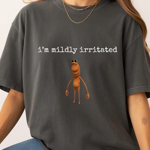 May include: Dark grey t-shirt featuring the text "i'm mildly irritated" above a cartoon shrimp-like character wearing sunglasses. The character is orange with thin arms and legs. The shirt is a casual style.
