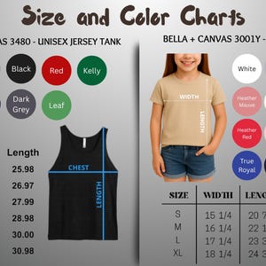 May include: Size and color charts for unisex jersey tank tops and youth t-shirts. The image shows color swatches and size charts with measurements in inches. Available colors include white, black, red, and green.