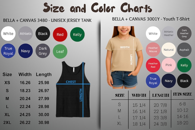 May include: Size and color charts for unisex jersey tank tops and youth t-shirts. The image shows color swatches and size charts with measurements in inches. Available colors include white, black, red, and green.