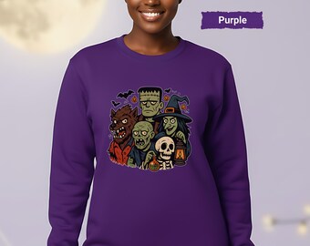 Moletom Halloween Monster Mash, Moletom de gola redonda de Halloween, Camiseta com ícones assustadores de Halloween, Moletom para fantasia de Halloween, Moletom com capuz assustador de Halloween