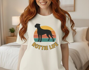 Maglietta Comfort Colors® Rottie Life con motivo Rottweiler / Strisce Retro Sunset, maglietta per amanti dei cani
