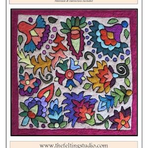 May include: A needle felting kit inspired by Suzani floral designs. The kit includes all the materials and instructions needed to create a colorful felt artwork. The image shows a finished piece with a variety of flowers and leaves in shades of red, pink, blue, green, and yellow.