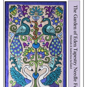 May include: Needle felting kit featuring a colorful tapestry design of peacocks and swans in a garden setting. The kit includes materials and instructions. "The Garden of Eden Tapestry Needle Felt Kit" is written on the right side of the image.