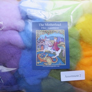May include: A plastic bag filled with colorful wool roving in shades of purple, blue, green, and yellow. The bag has a label that reads "The Motherload Fiber Assortment Assortment 2" and a website address.