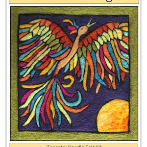 May include: A needle felt kit titled Phoenix Rising featuring a square tapestry design of a multi-colored phoenix with vibrant red, orange, yellow, blue, and green feathers against a dark purple background with a yellow sun in the bottom corner.