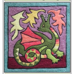 May include: A needle felting kit to create a fire breathing dragon with green, yellow, red, and orange wool. The kit includes instructions and materials. "Fire Breathing Dragon" and "Tapestry Needle Felt Kit" are written on the image.