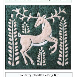 May include: A needle felting kit featuring a Scandinavian Reindeer design. The kit includes instructions and materials. The image shows a white reindeer with antlers against a green background.