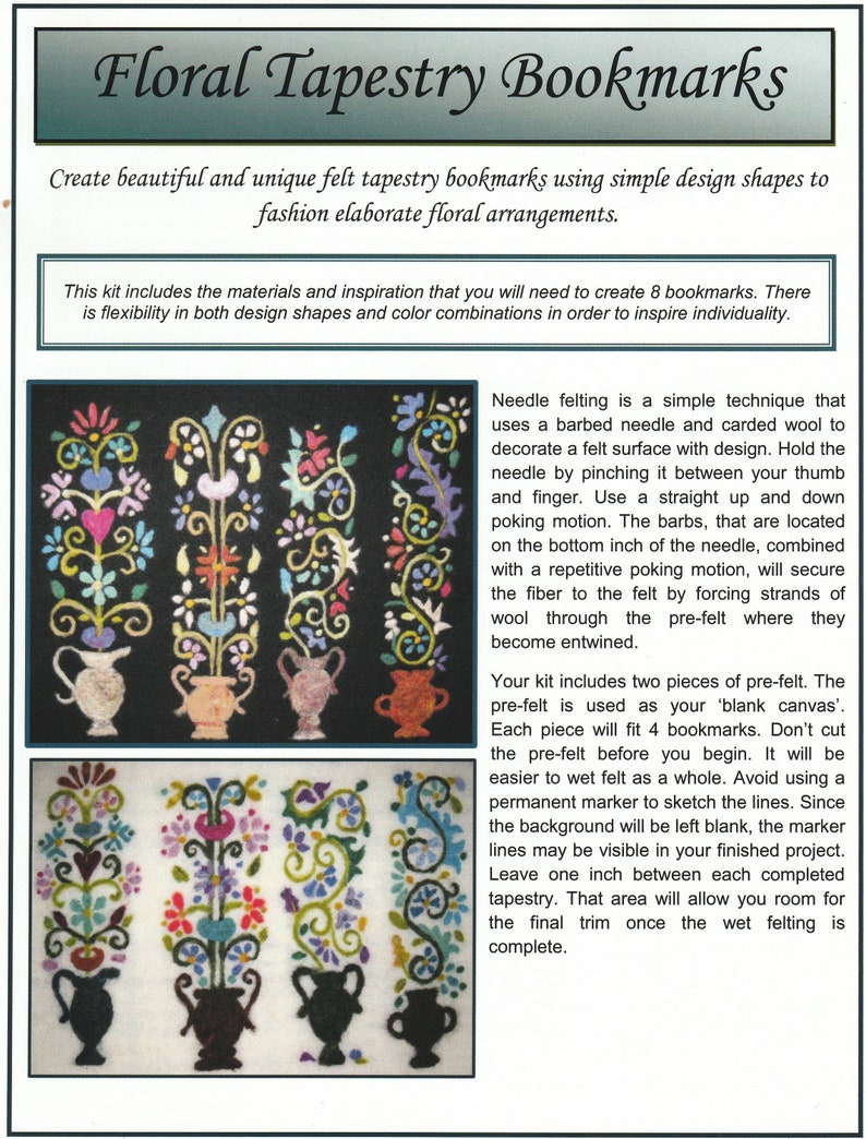 Needle Felt Floral Tapestry Bookmarks DIY Craft Kit Made in Etsy