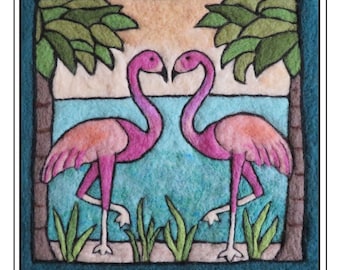 Needle Felt Kit Flamingo Love Birds  Easy 2D Needle Felting Kit Tapestry Style