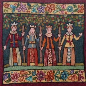 May include: Four figures in a row, each wearing a crown and a colorful costume, stand in front of trees with green leaves and red apples. The figures are holding sticks and have their arms raised. The background is a dark blue with a floral border.