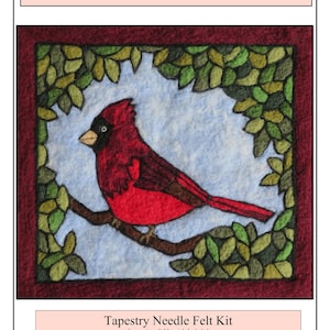 May include: Tapestry needle felt kit to make a cardinal bird with green leaves. Instructions and materials are included. Copyright Neysa Russo - The Felting Studio.