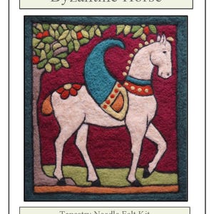 May include: A tapestry needle felt kit featuring a stylized horse design. The image shows a white horse with a teal mane and a red and orange saddle, set against a burgundy background. The text "Byzantine Horse" is at the top.