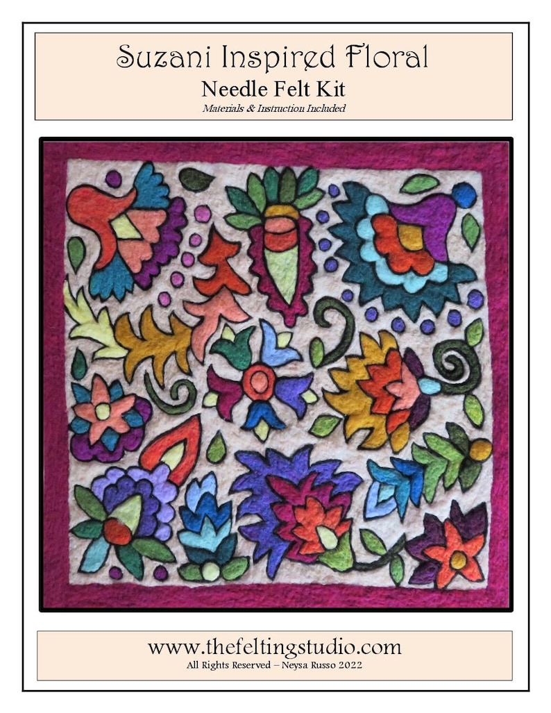 May include: A needle felting kit inspired by Suzani floral designs. The kit includes all the materials and instructions needed to create a colorful felt artwork. The image shows a finished piece with a variety of flowers and leaves in shades of red, pink, blue, green, and yellow.