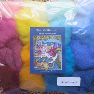 May include: A plastic bag filled with colorful wool roving, labeled "The Motherload Fiber Assortment" and "Assortment 3". The label features a medieval-style illustration of a knight on a horse fighting a dragon.
