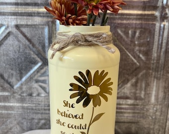 Painted Jar Lantern with Daisy, Inspirational Upcycled Quote Jar, Rustic Home Décor Gift, Decorative Floral Jar
