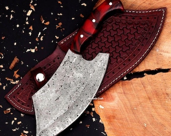 Handmade Damascus Steel Chef Cleaver Chopper Full Tang Kitchen Butcher Knife, Stag Horn & Resin Handle Anniversary Gift for Her,Gift for men