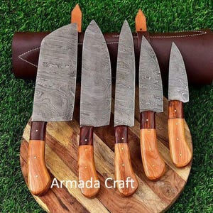 Handmade Damascus Steel Chef Knife Set, Handmade 5 Pieces Luxury Chef Set,Gift for him Anniversary Gift, Culinary set, Gift for Chef