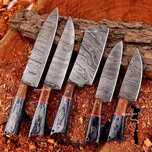Handmade Damascus chef knives set with Leather bag, Chef set, Kitchen cutlery set,Gift for Chef, Anniversary gift, Birthday gift,Outdoor set
